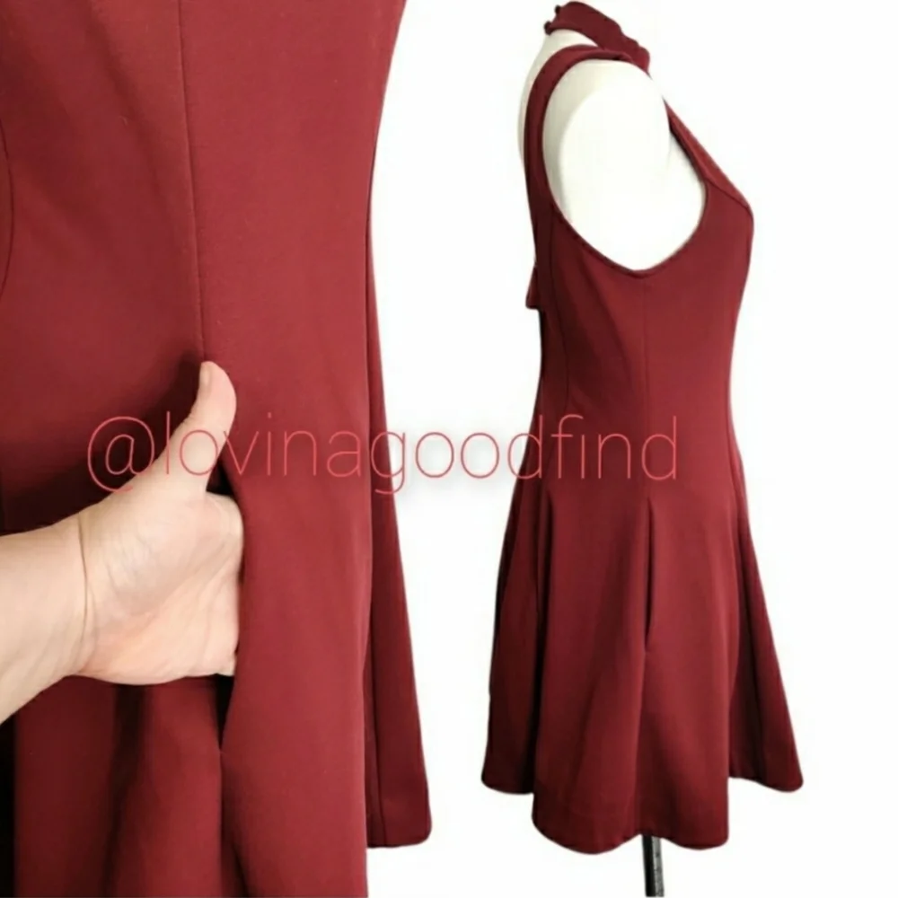 FREE PEOPLE Layla Red Sleeveless Knit Mini Skater POCKET Fit & Flare Dress EUC L